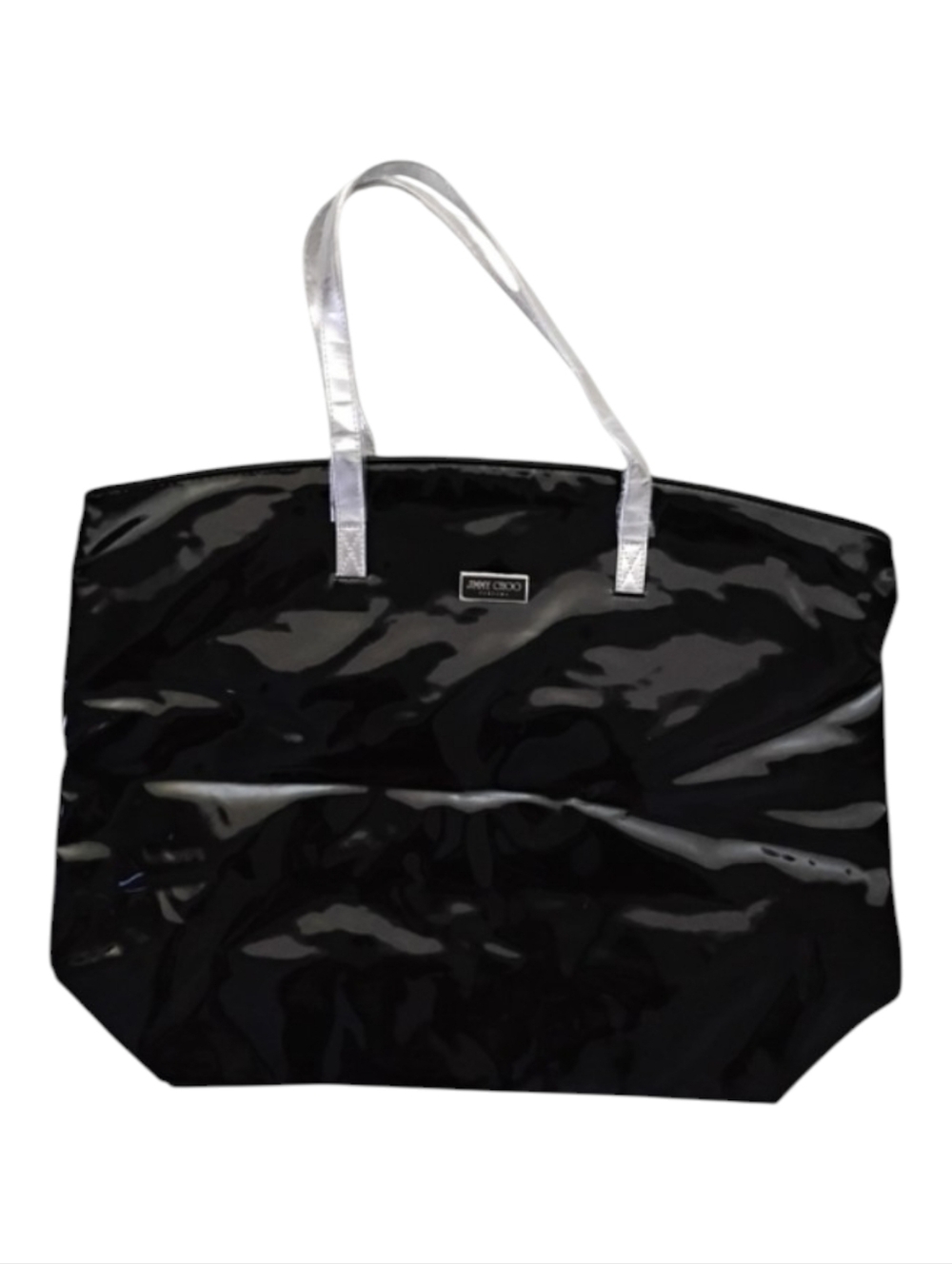 Jimmy Choo Parfume Black Faux Leather Tote with Silver Straps